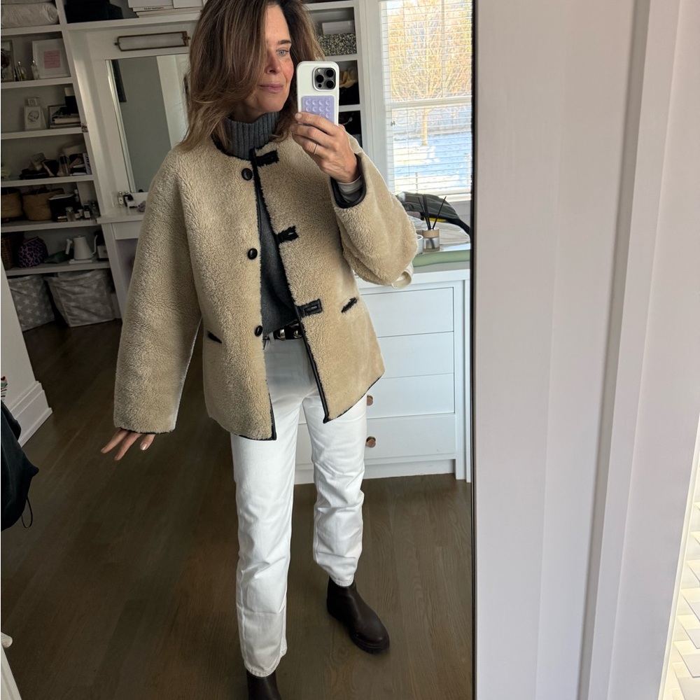 Mango Beige Teddy Jacket with Black Trim